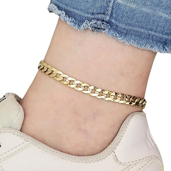 Gold-Plated Anklet Women 9-12 Inch Sizes Cuban Figaro Mariner Herringbone - Picture 3 of 7